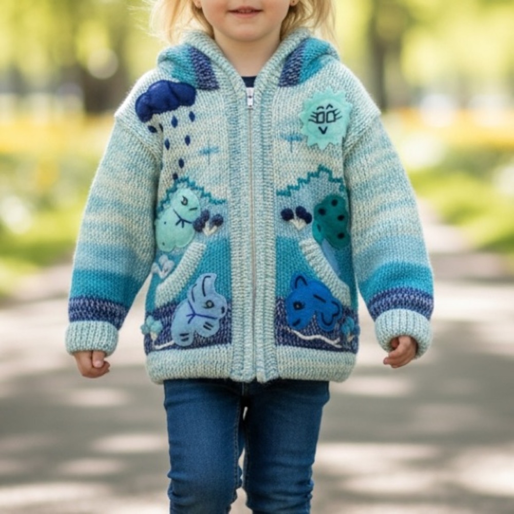 Peruvian Made Kids Blue Knit Hooded Cardigan Animal Motif Approx 2-6Y